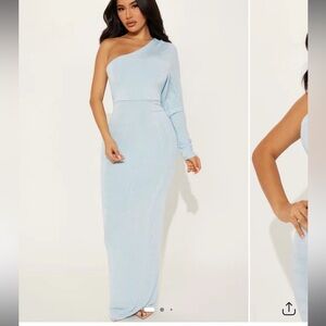 Fashion Nova Light Blue One-Shoulder Maxi Dress